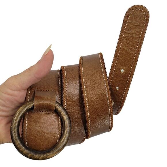 Vtg 80's Olsen Europe Belt Leather Country Boho Fold Over O-ring Tab Brown M - Picture 1 of 8